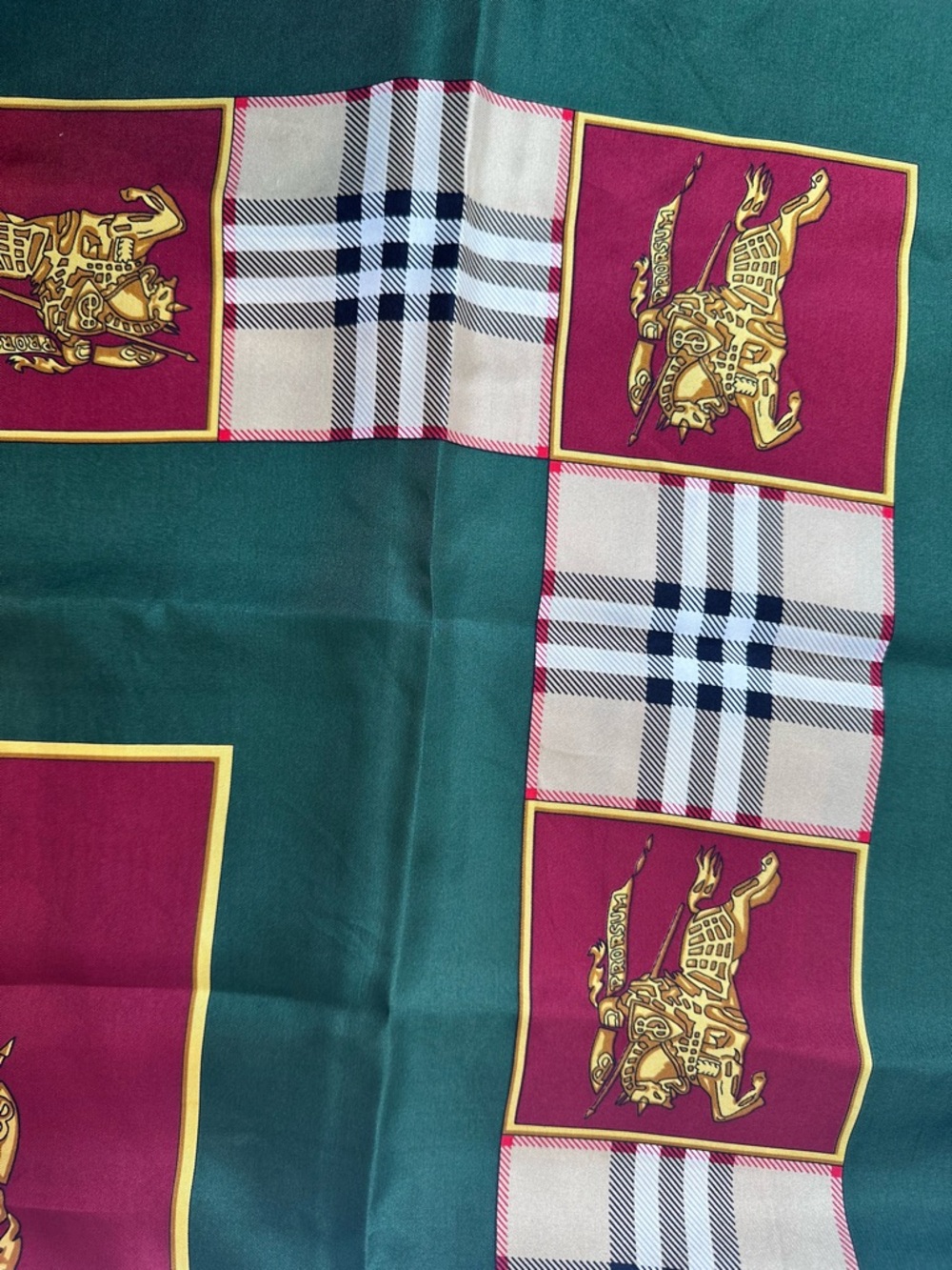 Burberry Green, Red and Gold Crest & Check Silk Scarf - Picture 2 of 2